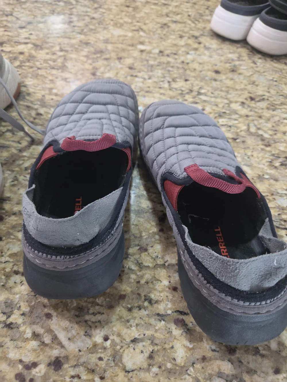 Merrell Quilted Hut Moc Slip-On Shoes in Gray and Red